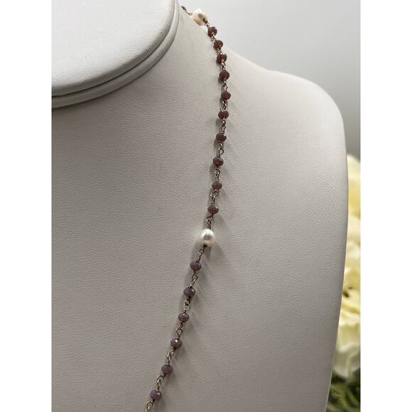 Sterling Silver White Freshwater Pearl Amethyst Beaded Single strand Necklace - Picture 2 of 11